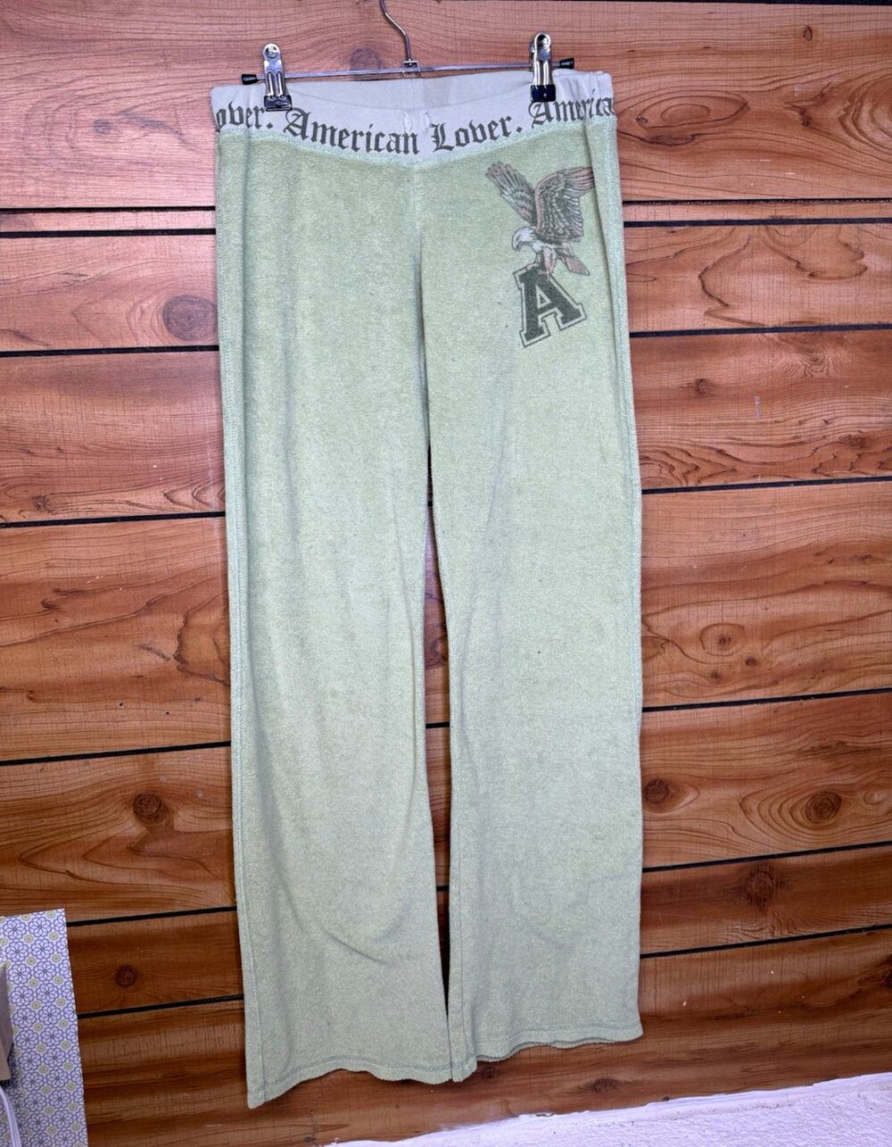 Y2K Vintage Wet Seal Low-Rise Green Terrycloth American Lover Flares Women’s M